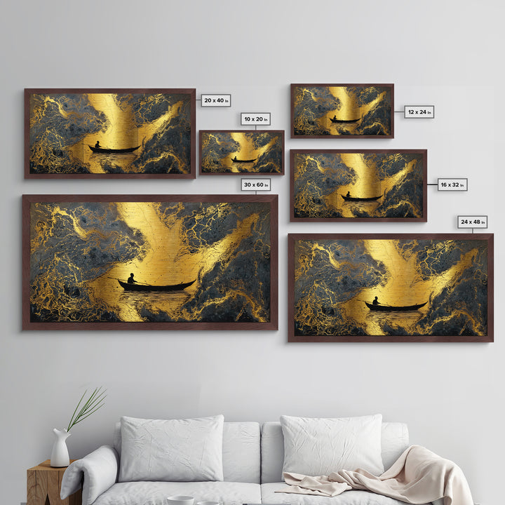 Metallic Gold Art Rowboat Silhouette Over Detailed Map Pattern, Reflective Water, Wood Framed Map Wall Décor, Nautical and Cartographic Fans