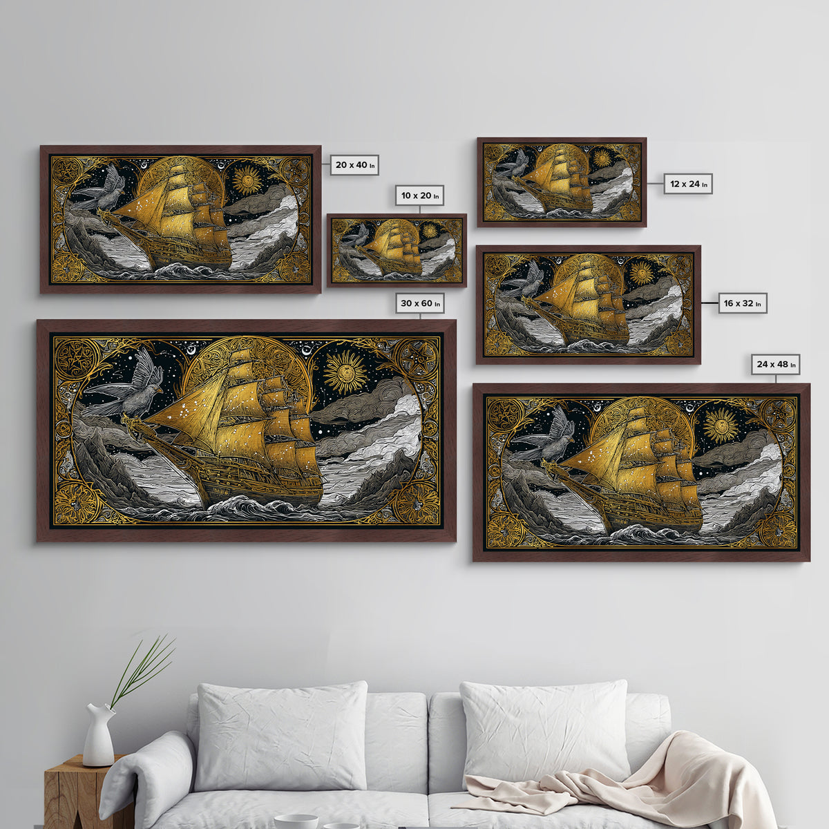 Metallic Gold Art Sailing Ship with Raven Figurehead, Starry Night and Waves, Wood Framed Map Wall Décor, Nautical and Mythic Voyage Lovers