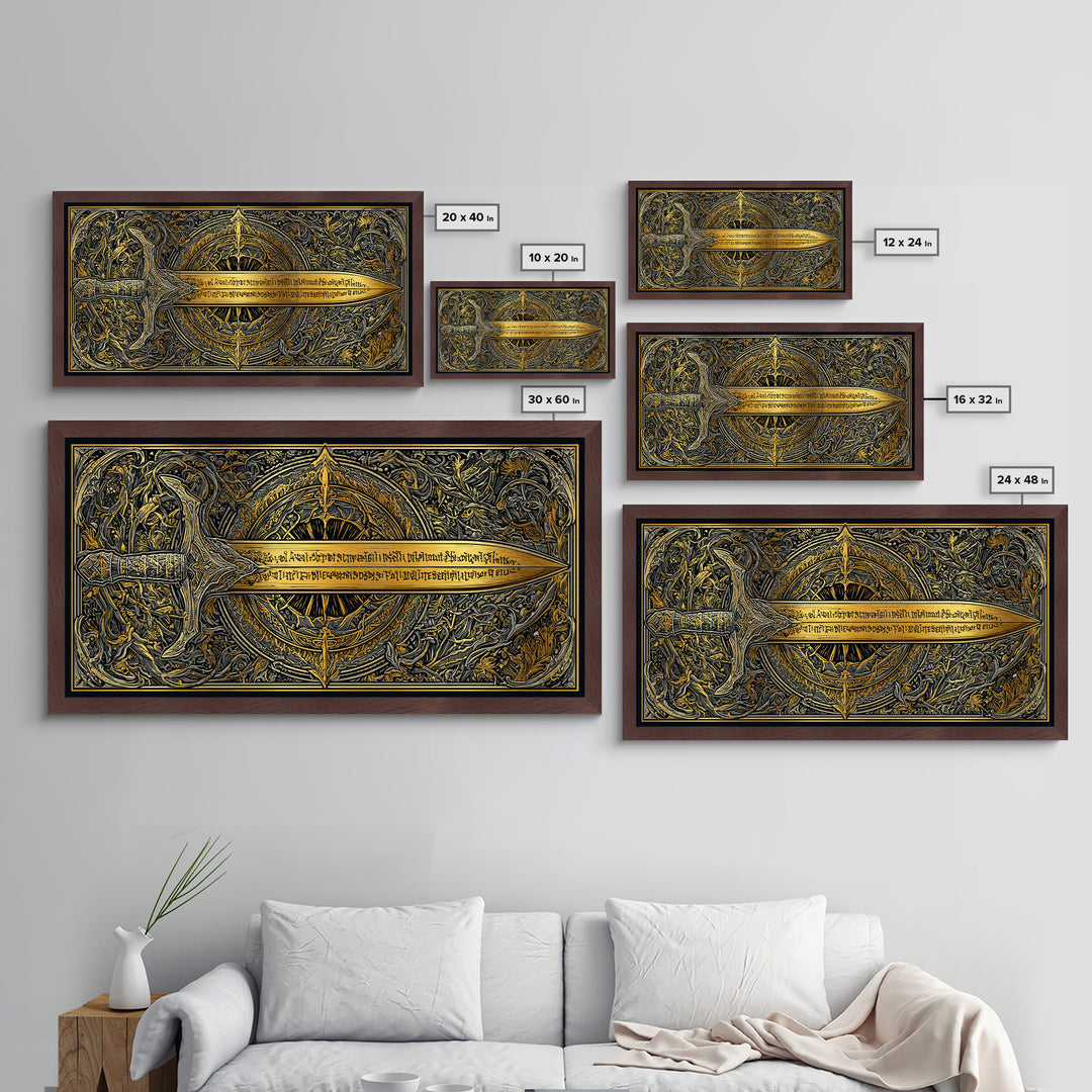 Metallic Gold Metal Print of Ornate Sword and Compass Design, Engraved Blade and Decorative Frame, Wood Framed Map Wall Décor