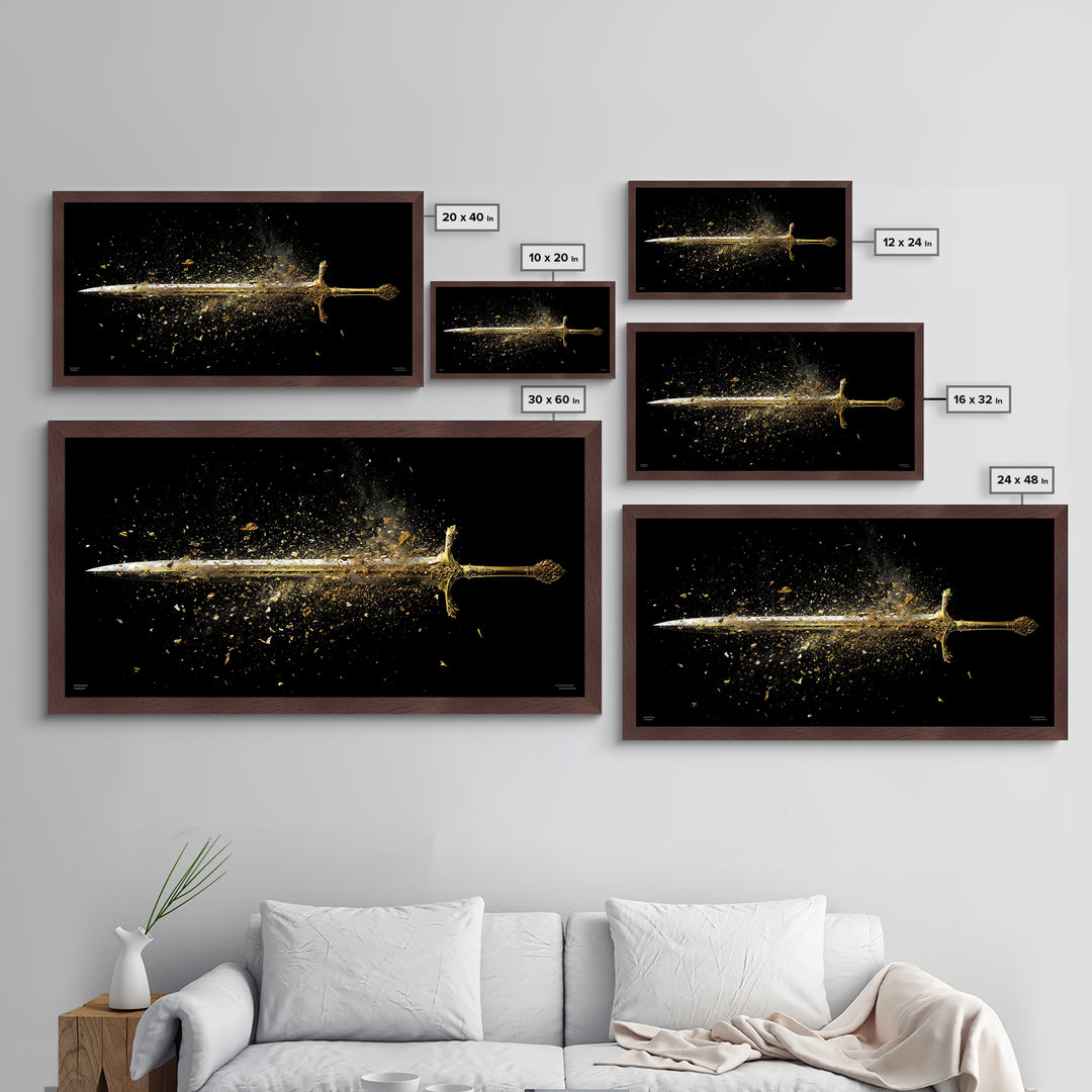 Metallic Gold Art of Shattering Sword in Mid-Air, Detailed Blade Explosion and Dark Background, Wood Framed Map Wall Art Display