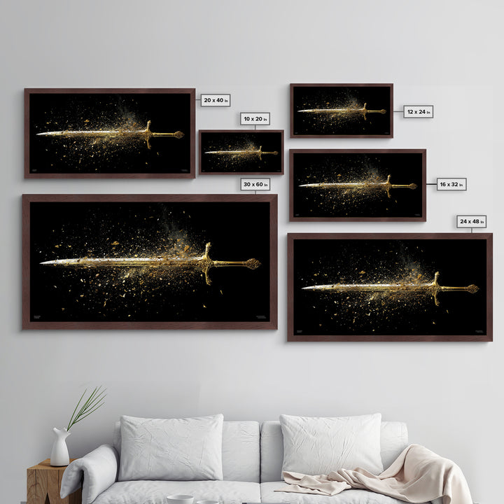 Metallic Gold Art of Shattering Sword in Mid-Air, Detailed Blade Explosion and Dark Background, Wood Framed Map Wall Art Display