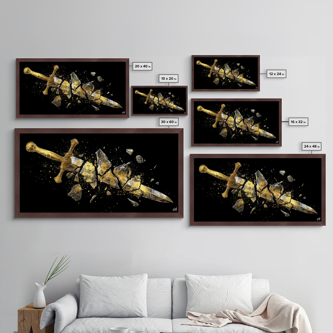 Metallic Gold Metal Print of Broken Sword in Fragments, Detailed Golden Hilt and Blade Shards, Wood Framed Map Wall Décor Accent