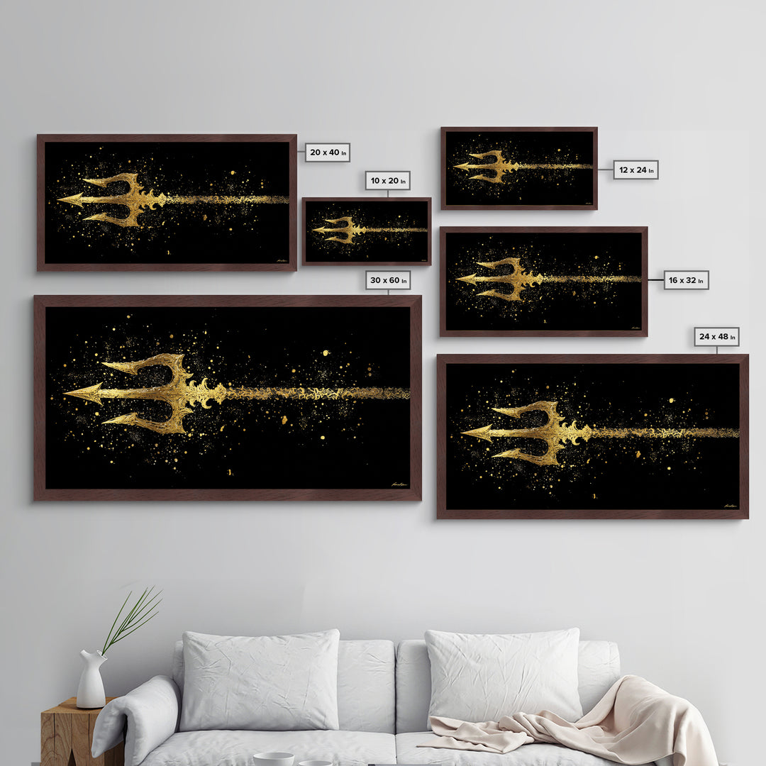 Metallic Gold Art of Decorative Trident in Motion, Splatter Effect on Black Background, Wood Framed Map Wall Art for Nautical Themes