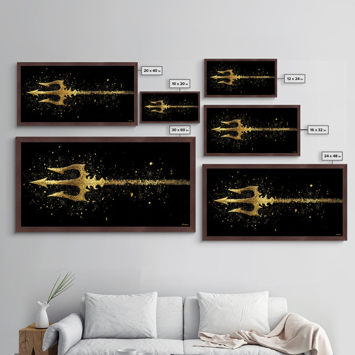Metallic Gold Art of Decorative Trident in Motion, Splatter Effect on Black Background, Wood Framed Map Wall Art for Nautical Themes