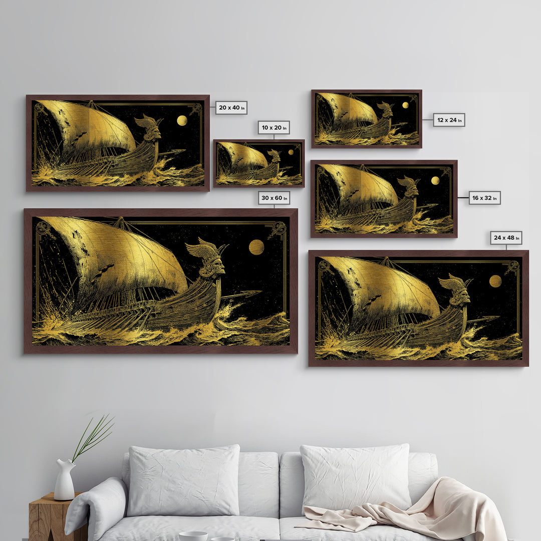 Metallic Gold Metal Print of Ancient Greek Warship at Sea, Detailed Engraving Style and Waves, Wood Framed Map Wall Art for History