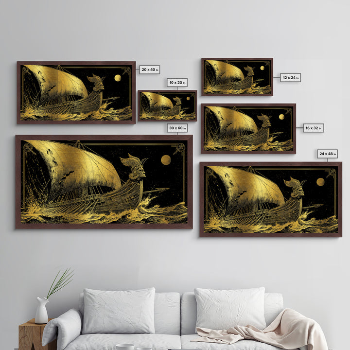 Metallic Gold Metal Print of Ancient Greek Warship at Sea, Detailed Engraving Style and Waves, Wood Framed Map Wall Art for History