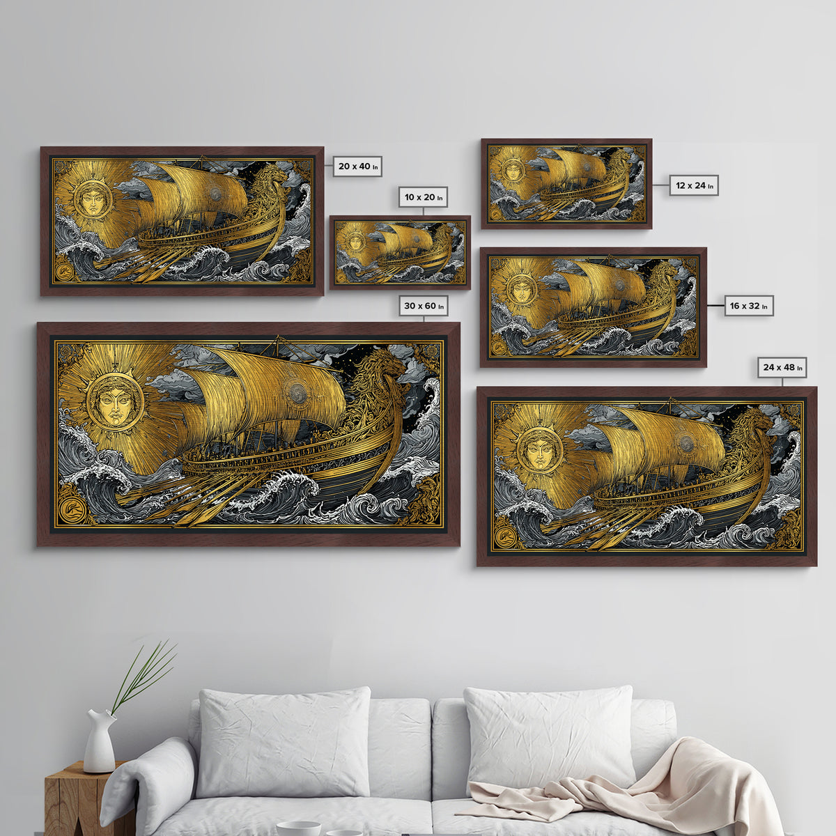 Metallic Gold Art of Sun and Ship Scene, Lion Figurehead and Ocean Waves, Detailed Decorative Style, Wood Framed Map Wall Décor