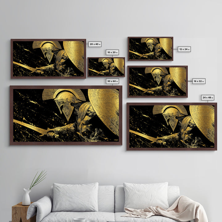 Metallic Gold Metal Print of Spartan Warrior in Battle Pose, Detailed Shield and Sword, Splatter Background, Wood Framed Map Wall Art