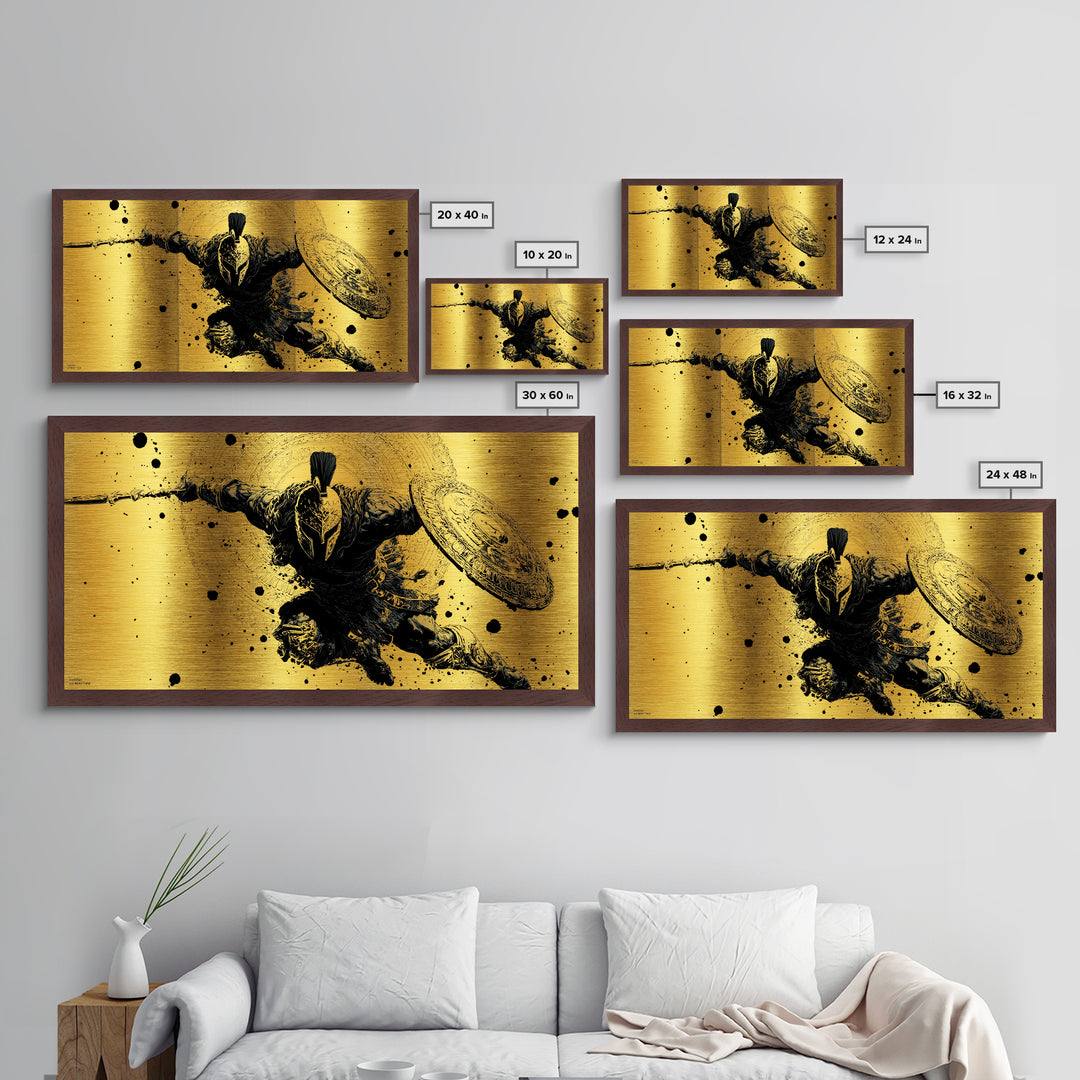 Metallic Gold Art of Spartan Soldier Leaping Forward with Spear and Shield, Decorative Armor and Mandala, Wood Framed Map Wall Décor