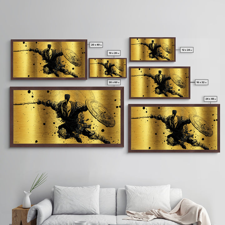 Metallic Gold Art of Spartan Soldier Leaping Forward with Spear and Shield, Decorative Armor and Mandala, Wood Framed Map Wall Décor