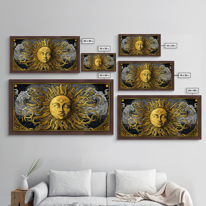 Metallic Gold Metal Print of Sun Face with Flowing Hair and Ocean Waves, Detailed Mythological Design, Wood Framed Map Wall Décor