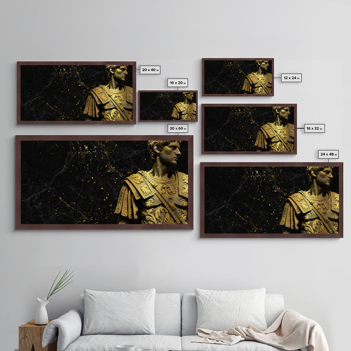 Ancient Roman Emperor Statue Metallic Gold Metal Print, Luxurious Black Marble Background, Classical Warrior Art, Regal Home Decor