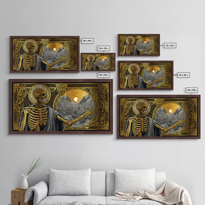 Skeleton Pointing to Ancient Arena Metallic Gold Art, Gothic Medieval Scene, Ornate Frame Design, Dark Fantasy Wall Decor