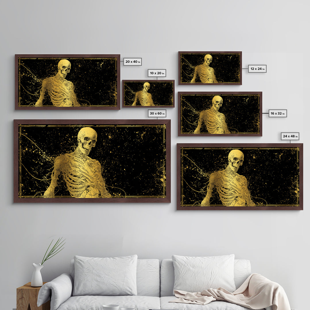 Golden Anatomical Skeleton on Black Starfield Metallic Gold Metal Print, Macabre Anatomy Illustration, Gothic Horror Home Art