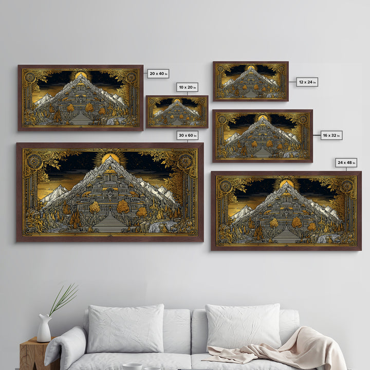Mythical Mountain Fortress Metallic Gold Art, Grand Palace in Majestic Peaks, Fantasy Landscape Illustration, Epic Home Wall Decor