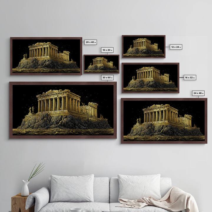 Ancient Greek Temple on Rocky Shore Metallic Gold Metal Print, Classical Architecture Illustration, Historic Landmark Wall Art