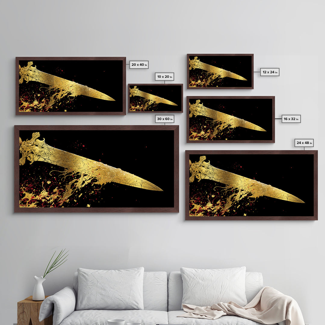 Golden Ornate Sword, Metallic Gold Metal Print, Real Wood Frame, Dramatic Fantasy Weapon Art, Mythology Wall Decor