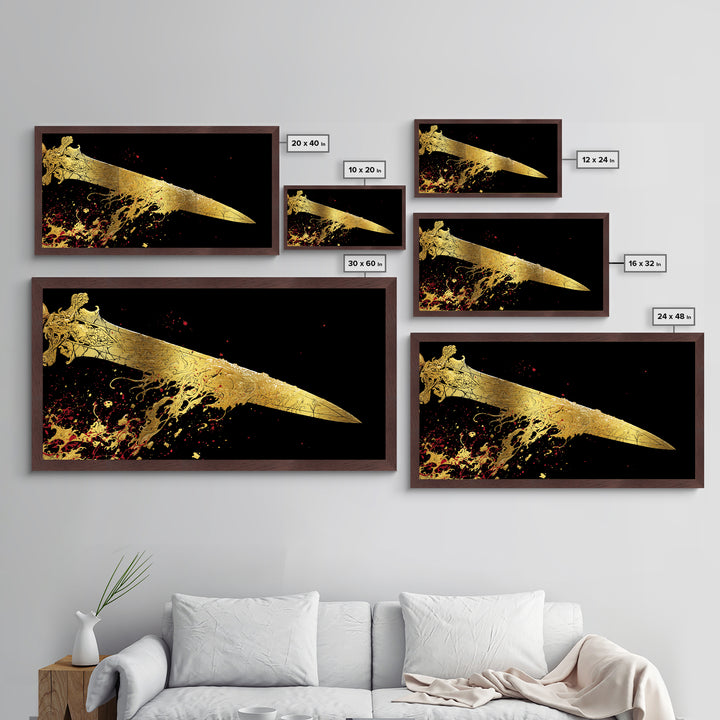 Golden Ornate Sword, Metallic Gold Metal Print, Real Wood Frame, Dramatic Fantasy Weapon Art, Mythology Wall Decor
