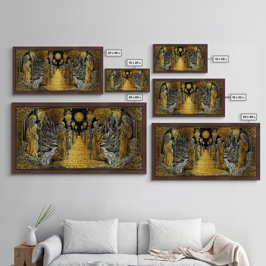 Greek Torchbearer Pathway Scene, Mythic Procession Illustration, Metallic Gold Art, Ancient Greece Wall Decor, Temple Artwork