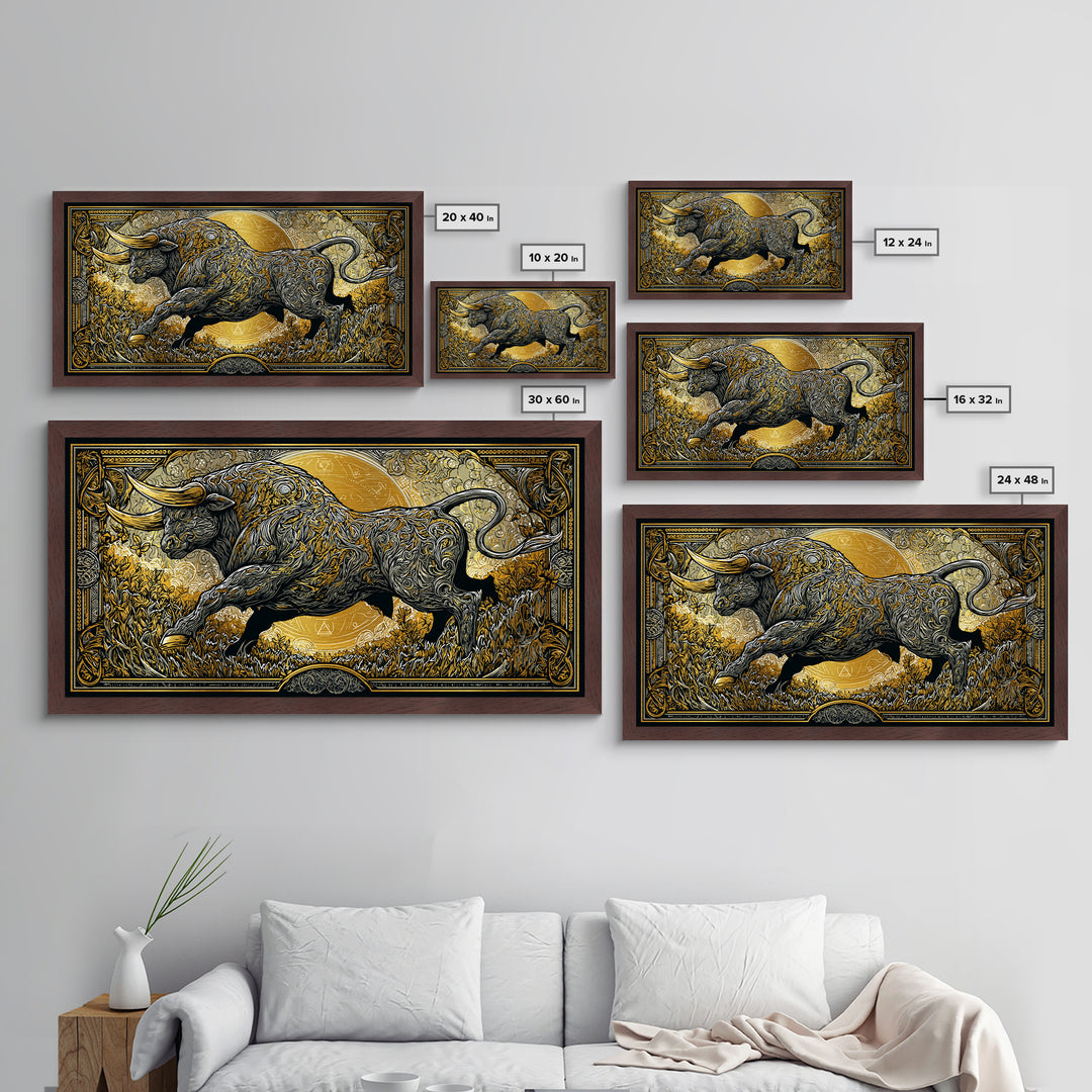 Golden Bull In Ornate Frame, Metallic Gold Art, Real Wood Frame, Symbolic Animal Wall Decor, Strength And Power