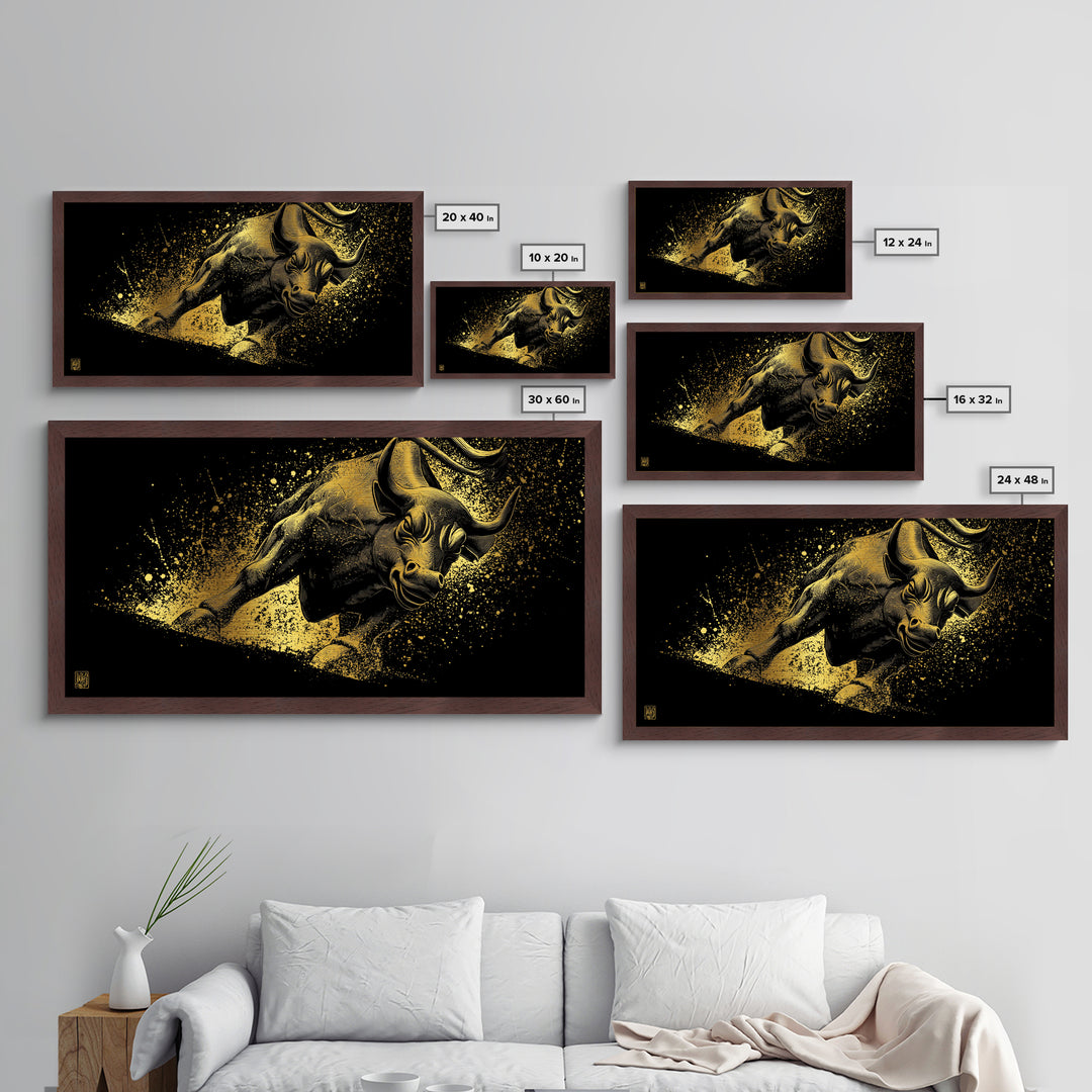 Charging Golden Bull, Metallic Gold Metal Print, Real Wood Frame, Dynamic Animal Wall Art, Powerful Bull Illustration