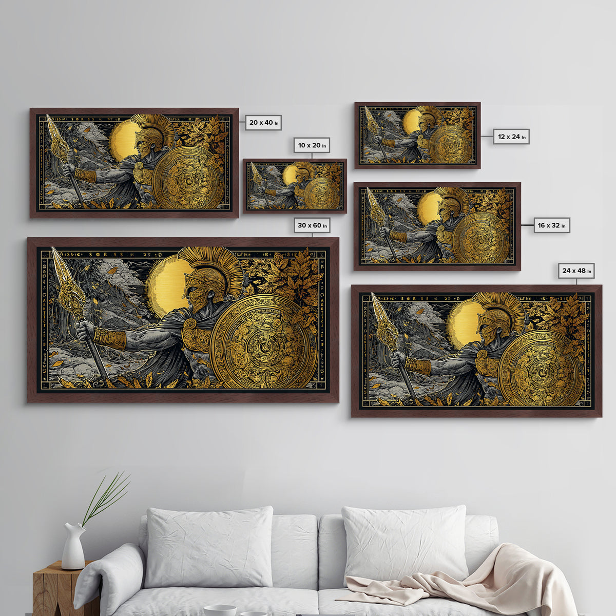 Ares Greek Warrior God With Spear And Shield, Metallic Gold Art, Heroic Mythological Wall Decor, Luxury Classical Home Accent