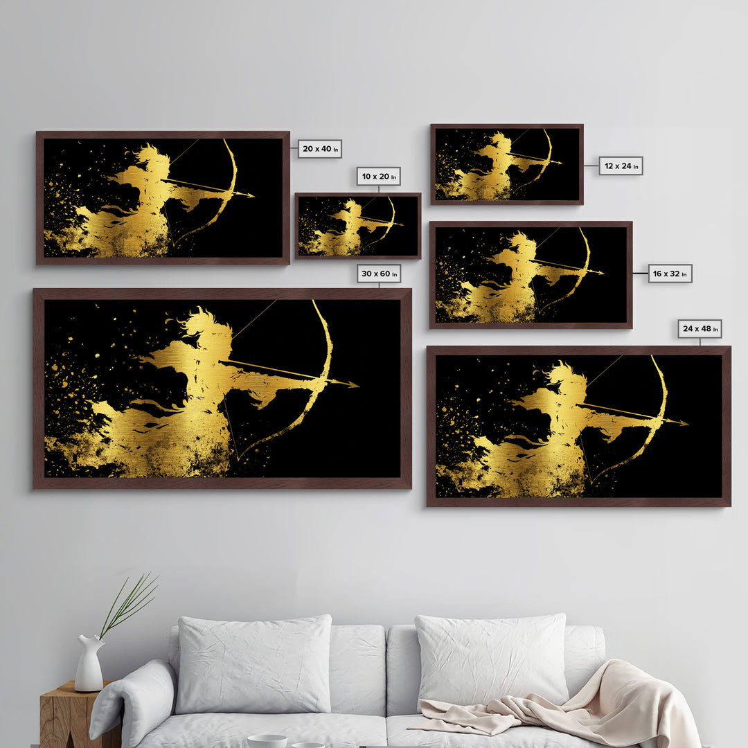 Artemis Greek Huntress Goddess Silhouette, Metallic Gold Metal Print, Moonlit Mythology Wall Art, Elegant Classic Home Design