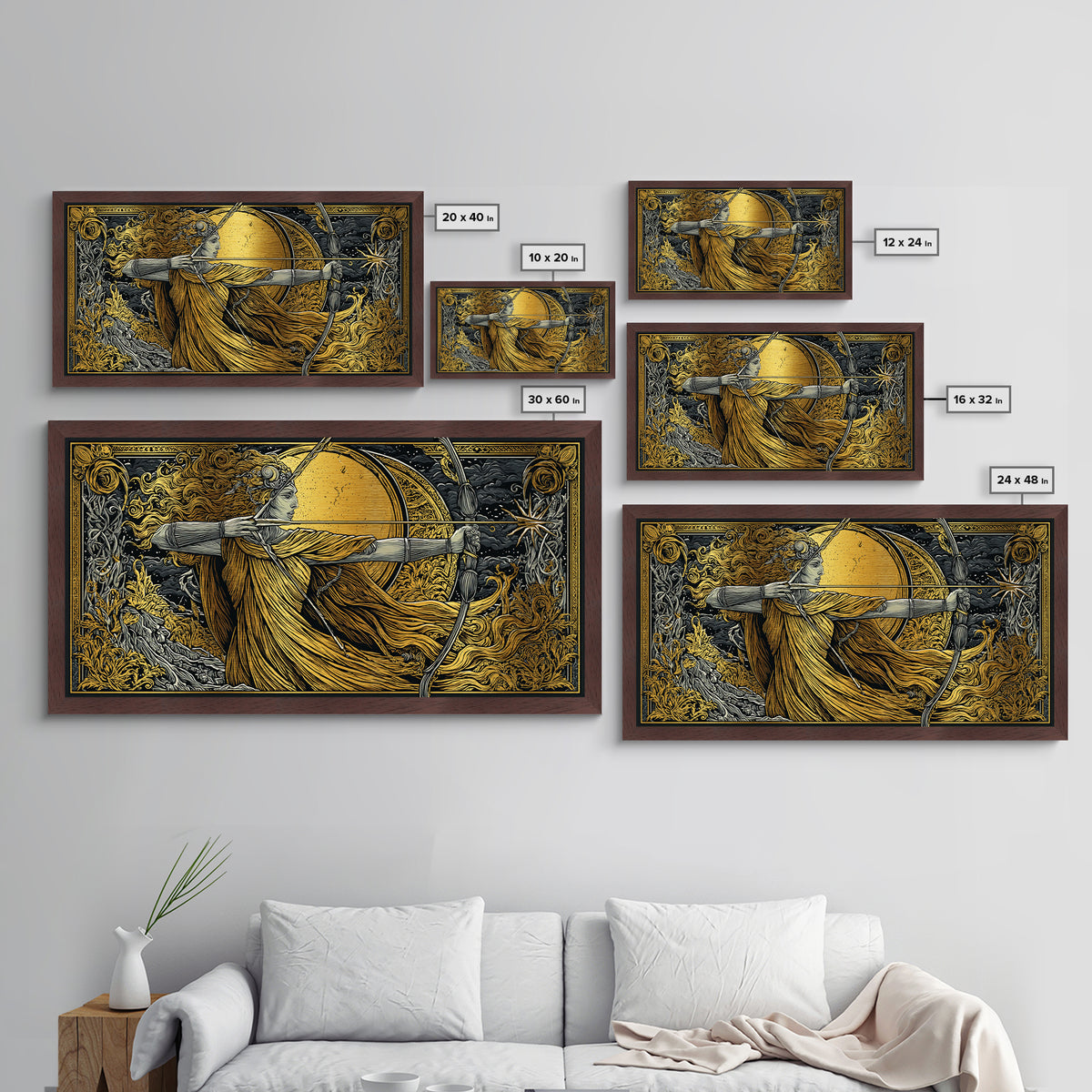 Artemis Goddess Archer With Golden Moon, Metallic Gold Metal Print, Greek Mythology Wall Art, Classic Elegant Home Decor Piece