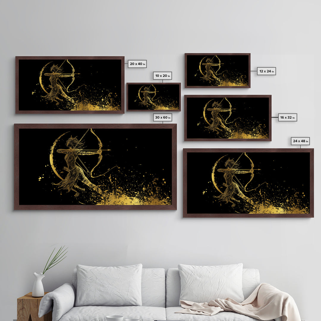 Metallic Gold Art Of Artemis Greek Goddess Archer, Black Background, Elegant Moon And Bow Design, Panoramic Mythology Wall Art