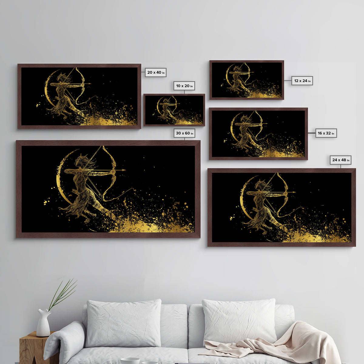 Metallic Gold Art Of Artemis Greek Goddess Archer, Black Background, Elegant Moon And Bow Design, Panoramic Mythology Wall Art