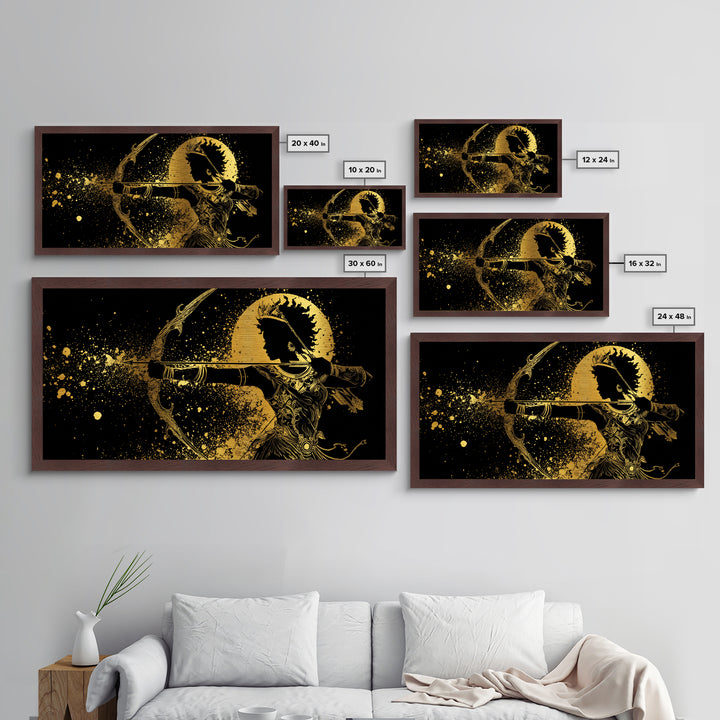 Metallic Gold Metal Print Of Artemis Greek Goddess Archer, Regal Profile, Detailed Bow And Arrow, Panoramic Fantasy Wall Decor