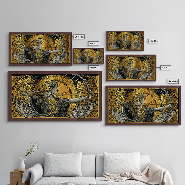 Metallic Gold Art Of Artemis Greek Goddess Archer, Classical Ornate Frame, Mythological Forest Scene, Panoramic Greek Wall Print