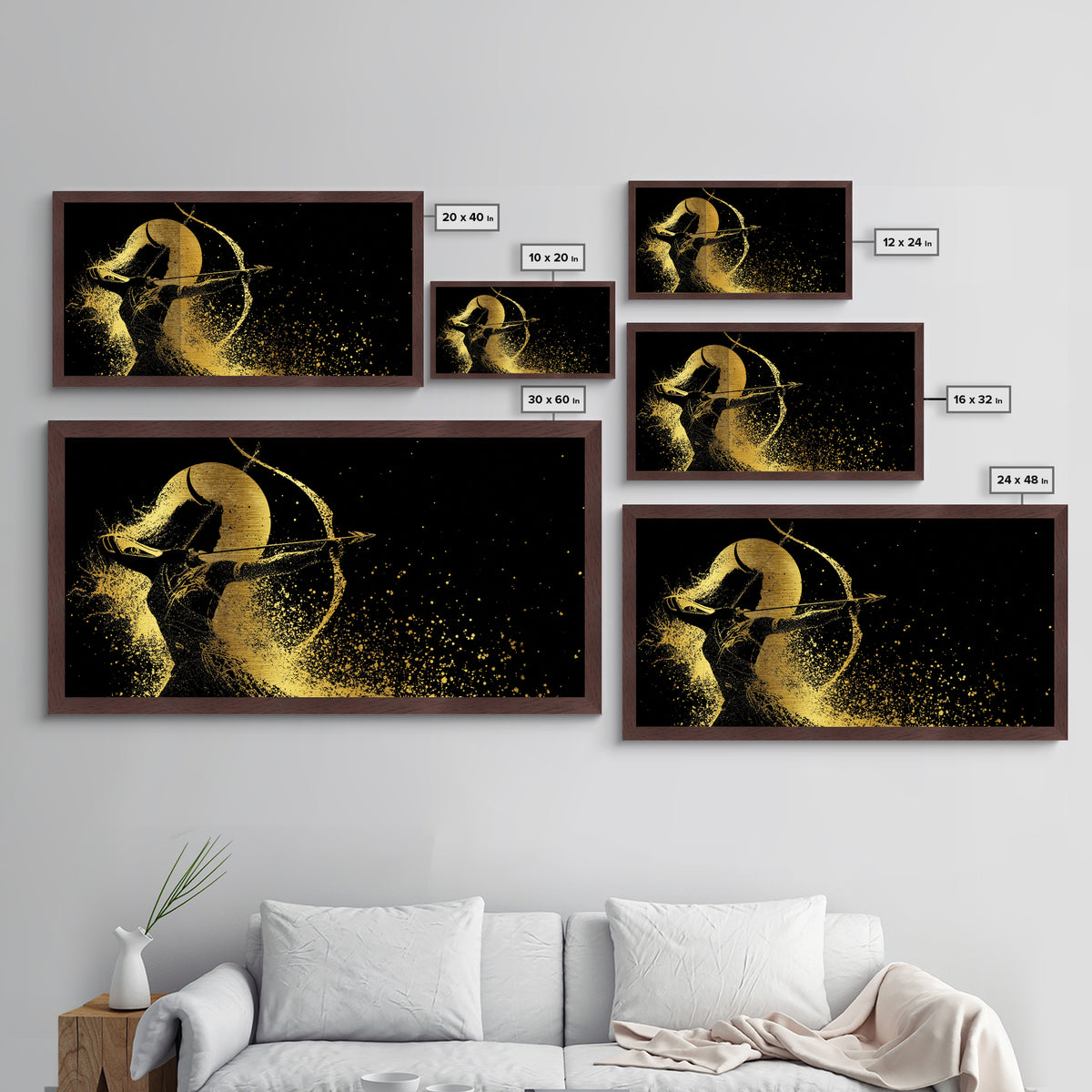 Metallic Gold Metal Print Of Artemis Greek Goddess Archer, Full Moon Silhouette, Gold Splatter Effect, Panoramic Elegant Wall Art