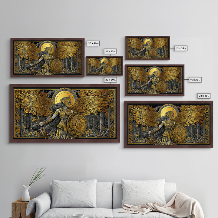 Metallic Gold Art Of Athena Greek Goddess Warrior With Wings, Detailed Shield And Spear, Golden Forest Scene, Panoramic Wall Print