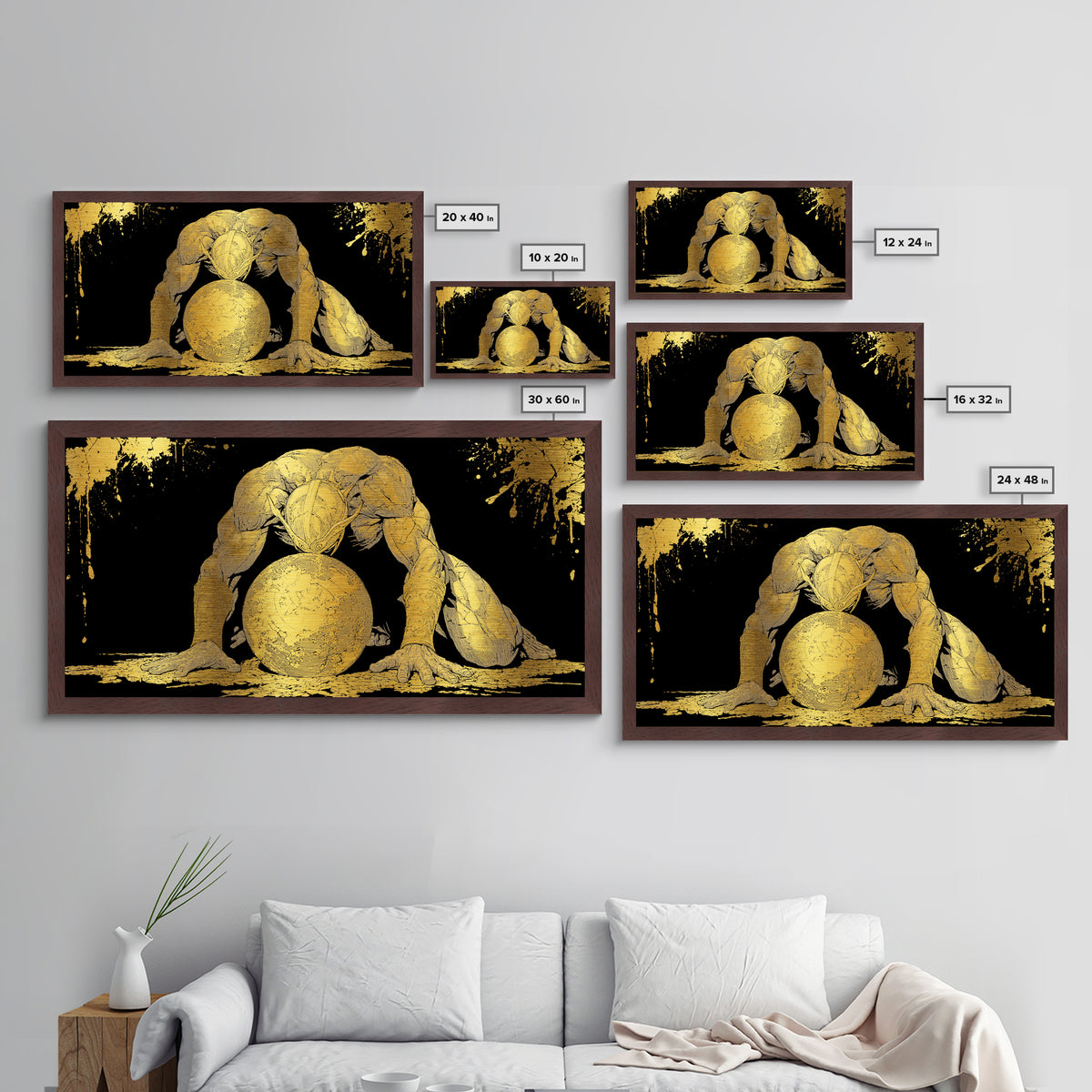 Metallic Gold Art Of Atlas Greek Titan Bearing The World, Gold Crackle Effect, Mythology Strength Scene, Panoramic Ancient Wall Print