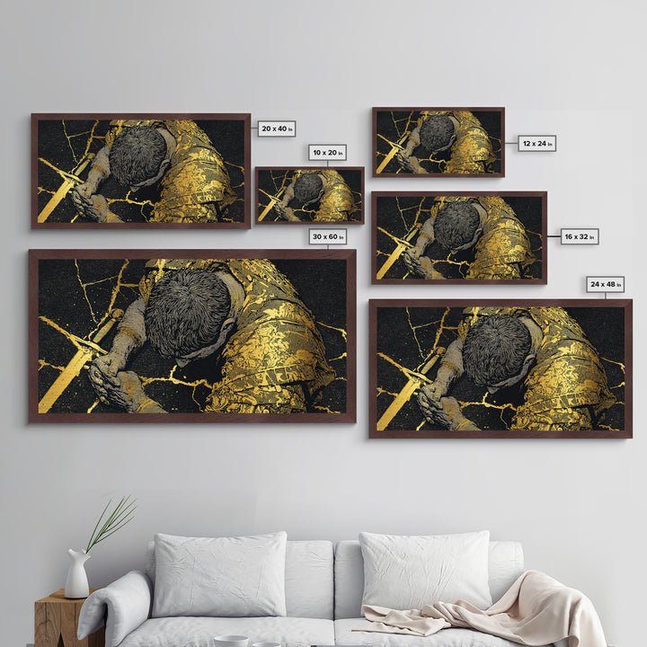 Metallic Gold Metal Print Of Cassius Greek Warrior Kneeling With Sword, Gold Crackle Armor Detail, Panoramic Mythology Wall Artwork