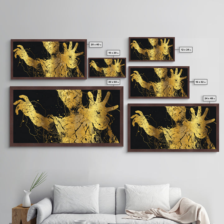 Metallic Gold Art, Colossus Greek Titan, Mythological Warrior Wall Decor, Black and Gold Metal Print, Ancient Greece Home Accent