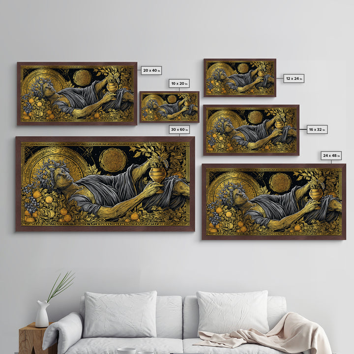 Metallic Gold Art, Dionysus God of Revelry, Greek Mythology Wall Art, Bacchus Celebration Scene, Black and Gold Luxury Metal Print