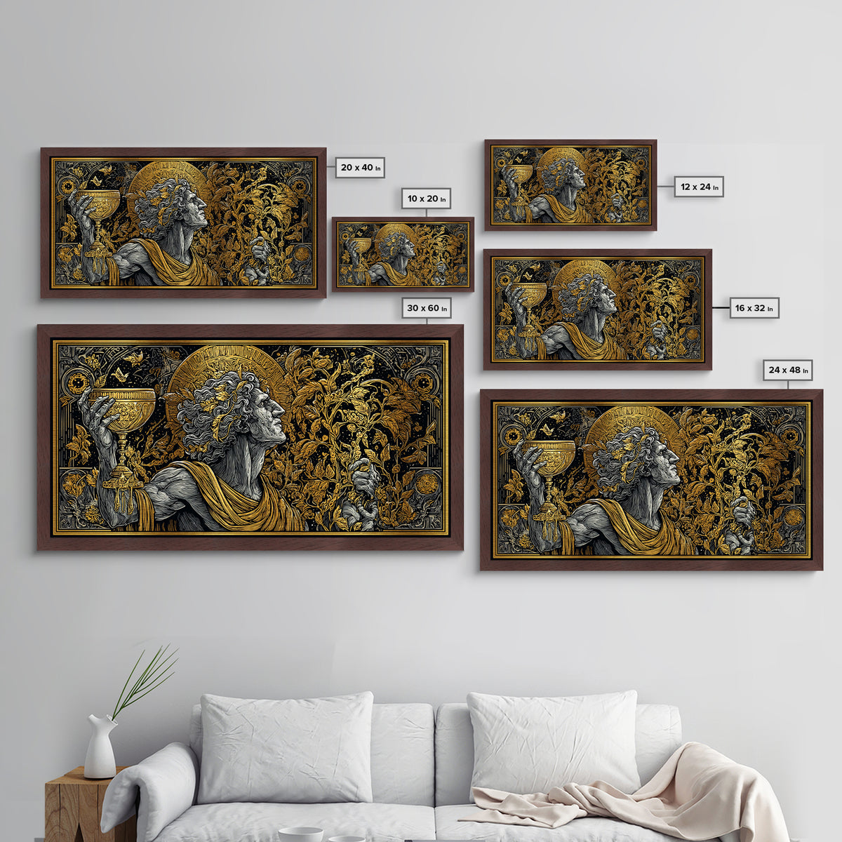 Metallic Gold Art, Dionysus God of Ecstasy, Greek Mythology Wall Scene, Bacchanalia Festival Theme, Black and Gold Metal Wall Print