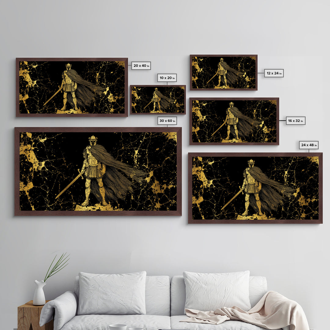Flavius Metallic Gold Metal Print, Roman Warrior Wall Art, Ancient Soldier Decor, Real Wood Frame, Luxury Metal Artwork For Office