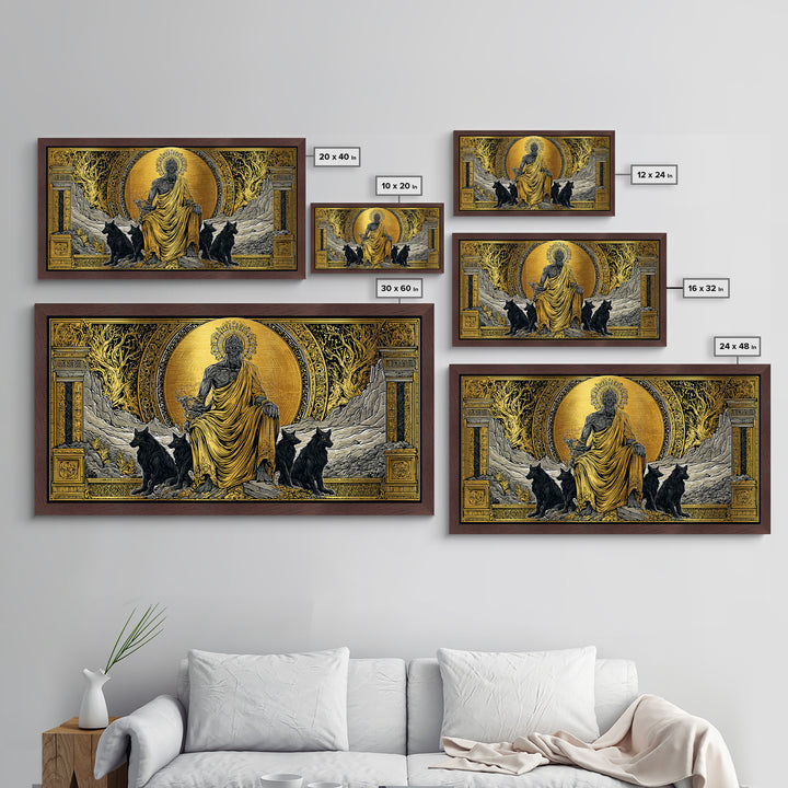 Hades Metallic Gold Metal Print, Greek God Of Underworld Wall Art, Cerberus Mythology Decor, Real Wood Frame, Luxury Metal Wall Hanging