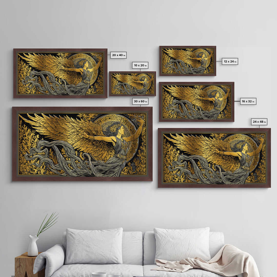 Nike Metallic Gold Metal Print, Greek Goddess Wall Art, Luxury Mythology Decor, Real Wood Frame Artwork, Elegant Gold Winged Art