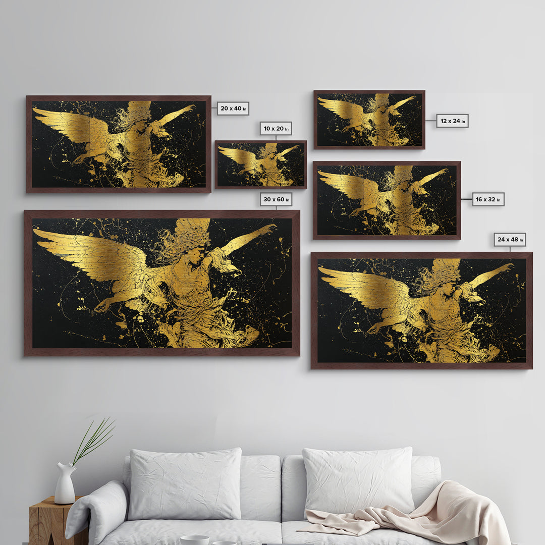 Nike Metallic Gold Art, Greek Goddess Wall Decor, Luxury Mythology Wall Hanging, Real Wood Frame Print, Gold Winged Figure Artwork