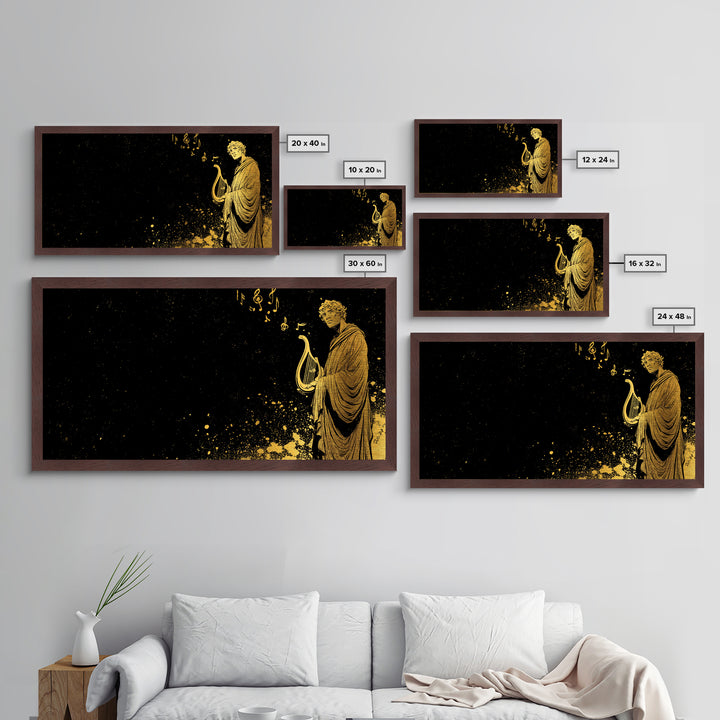 Orpheus Metallic Gold Metal Print, Greek God Wall Art, Luxury Mythology Decor, Real Wood Frame Artwork, Elegant Lyre Musician Artwork