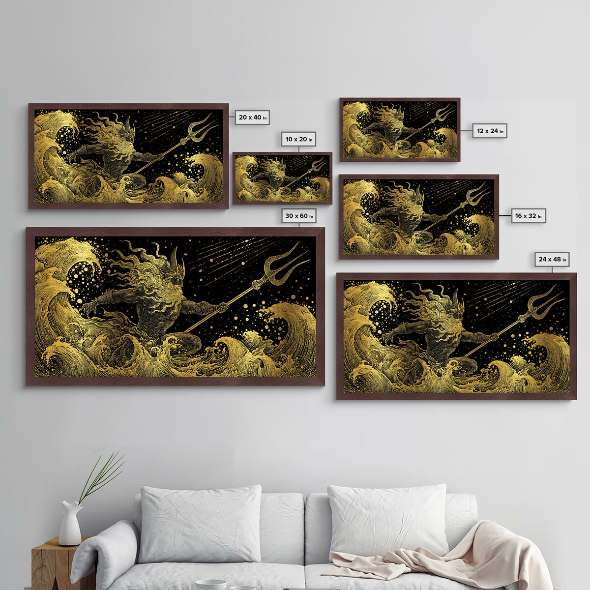 Poseidon Sea Serpent Battle Metallic Gold Metal Print, Greek Mythology Wall Art, Real Wood Frame, Ocean Lover Gift
