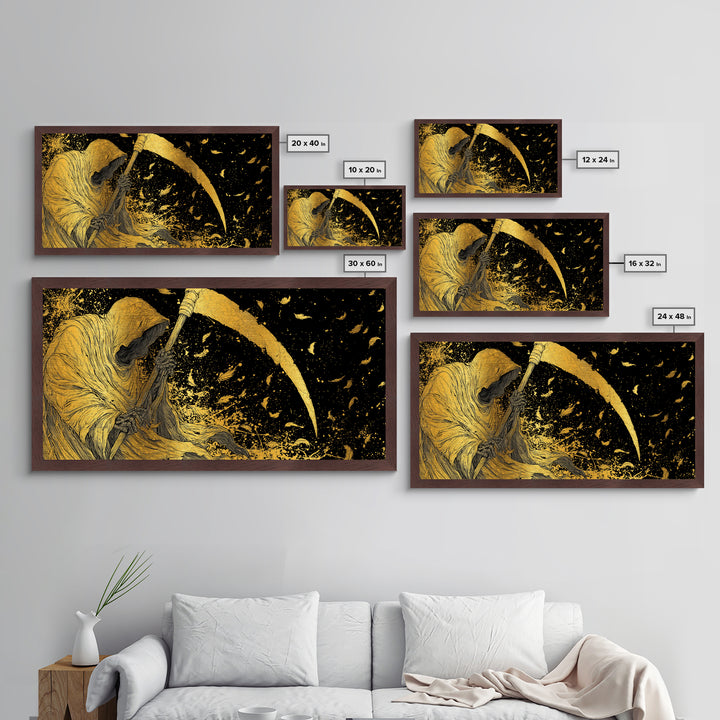 Thanatos Metallic Gold Metal Print, Real Wood Framed Greek Myth Wall Decor, Death Scythe Dark Art Luxury Metal Wall Artwork