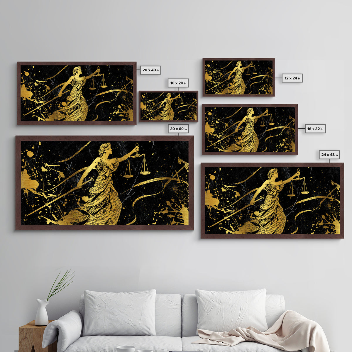 Themis Metallic Gold Metal Print, Real Wood Framed Greek Justice Wall Art, Scales Of Justice Mythology Inspired Metal Artwork