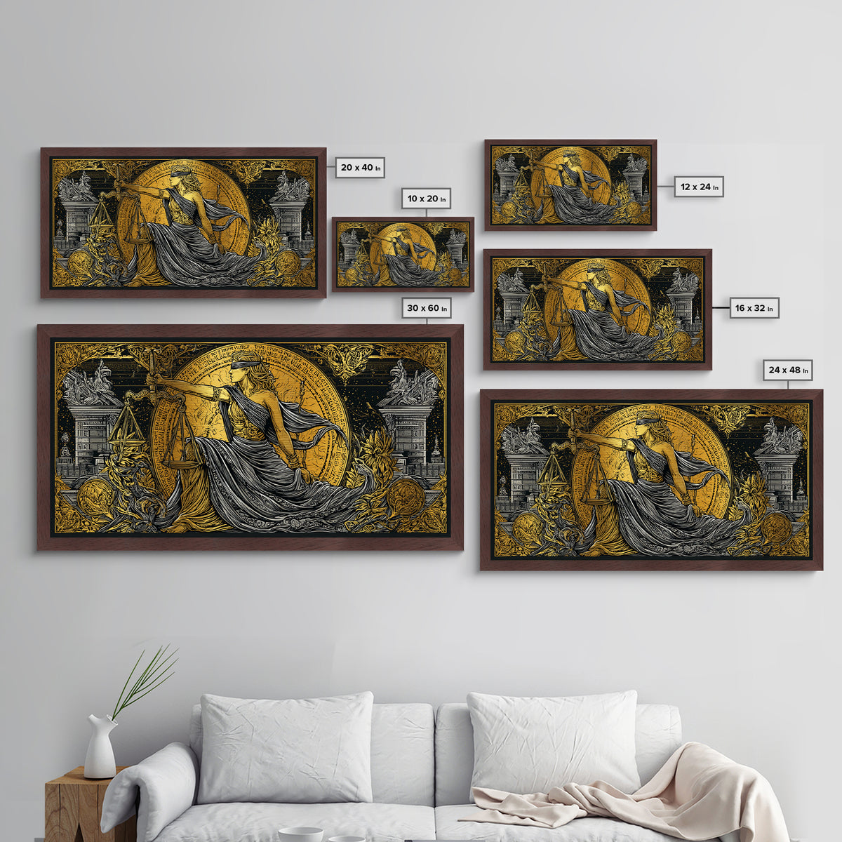 Themis Metallic Gold Metal Print, Real Wood Framed Greek Justice Wall Decor, Blindfolded Lady With Scales Metal Wall Artwork
