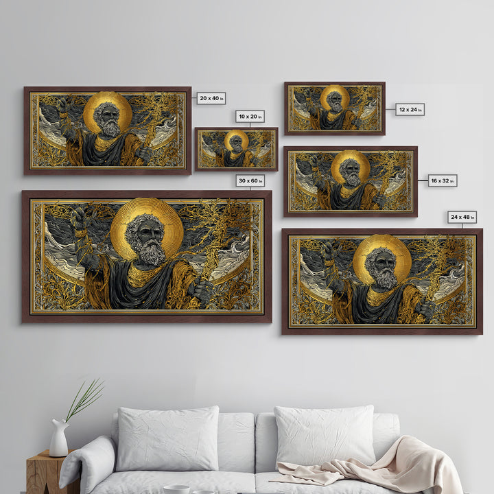 Zeus Metallic Gold Metal Print, Real Wood Framed Greek God Of Thunder Wall Art, Lightning Bolt Mythology Decorative Metal Artwork