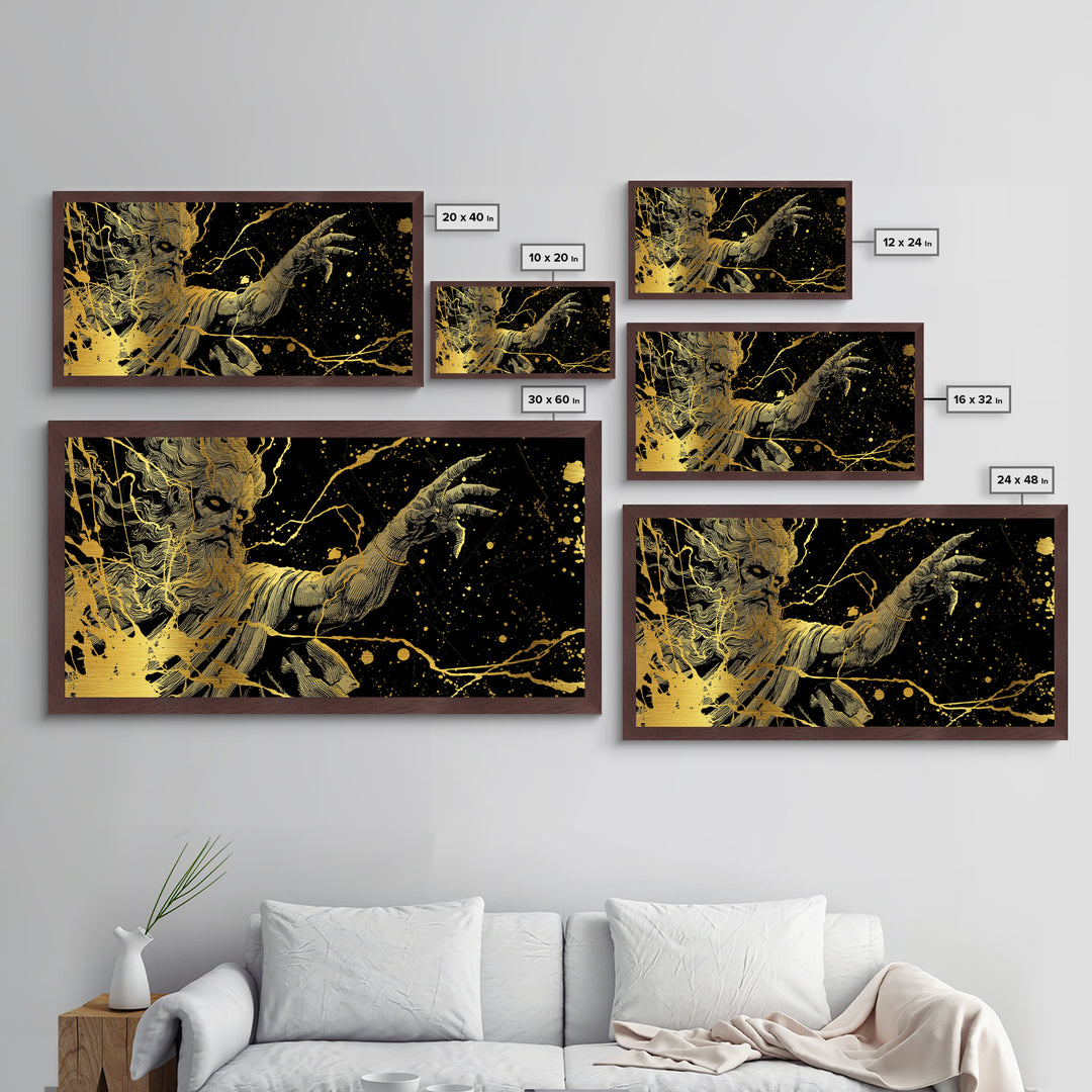 Zeus Metallic Gold Metal Print, Real Wood Framed Greek Myth Wall Art, Lightning And Storm Luxury Decorative Metal Artwork